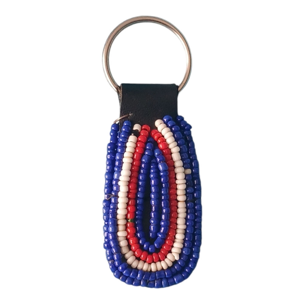 Beaded Keychain with Blue, Red, and White Accents - Picture 1 of 2